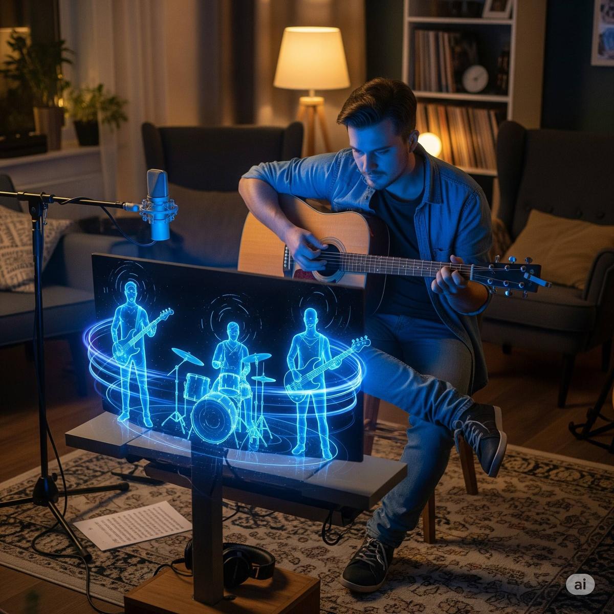 Músico practicando con banda holográfica usando MEHEARSAL